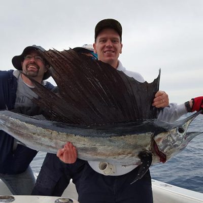 Two men on a boat holding a large sailfish over the ocean.
