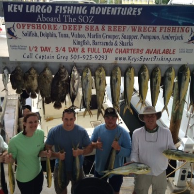 Group of five people holding and displaying caught fish under a fishing tour sign.
